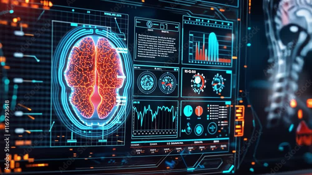 Aufkleber a detailed display showcases brain imaging and patient data through advanced ai technology, highligh