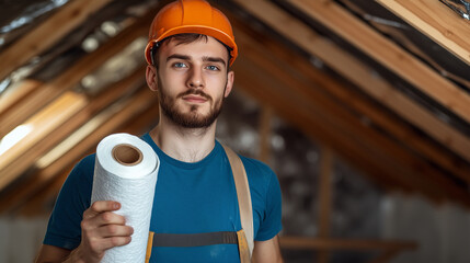 A confident builder holding a roll of mineral wool, standing in a neatly insulated attic, looking directly at the camera to promote insulation services.