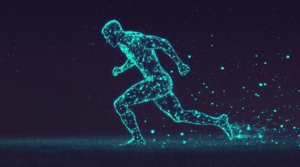 Fototapeta premium Futuristic Running Silhouette Made of Glowing Particles at Night