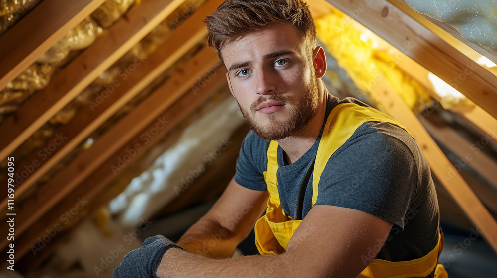 Poster a professional builder positioning mineral wool insulation in an attic, pausing to look at the camer