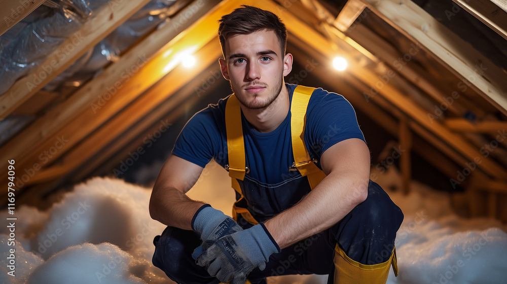 Poster a professional builder positioning mineral wool insulation in an attic, pausing to look at the camer