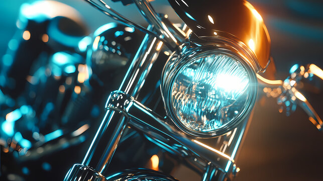 Close up of a shiny chrome motorcycle headlight with a blurry background. Shadowlight. Illustration
