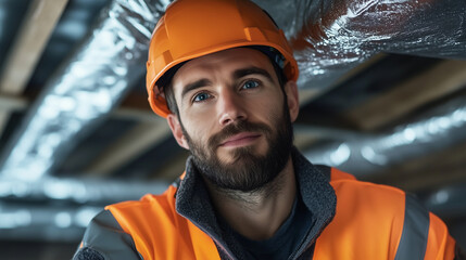 A professional in a high-vis jacket installing mineral wool under a roof beam, pausing to give the camera a confident glance, representing expert insulation services.