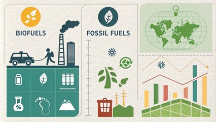 Naklejka premium Infographic comparing biofuels and fossil fuels, illustrating their environmental impact, renewable energy potential, and contributions to global sustainability efforts through charts and icons