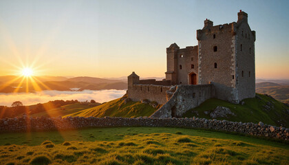Majestic ancient Irish castle at sunrise, timeless beauty