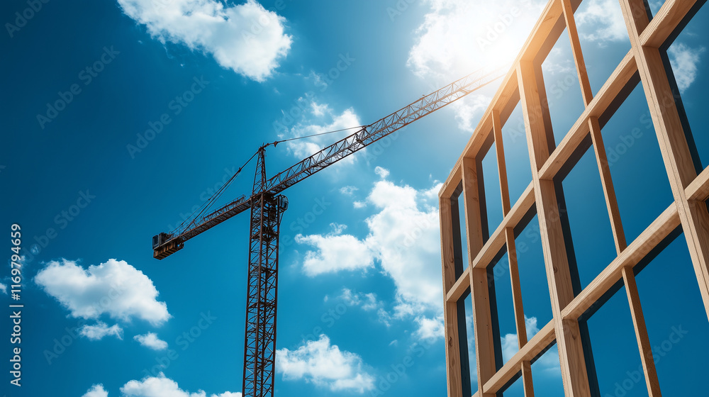 Poster the smooth surface of mineral wool panels fitted into a wooden framework, with a construction backdr