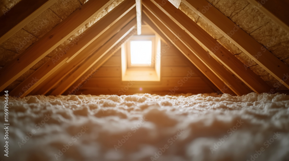 Aufkleber an attic-like structure with mineral wool insulation installed between the beams, showcasing readine