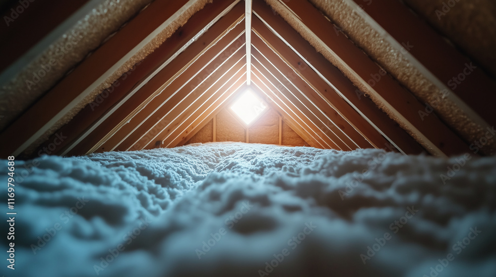 Poster an attic-like structure with mineral wool insulation installed between the beams, showcasing readine
