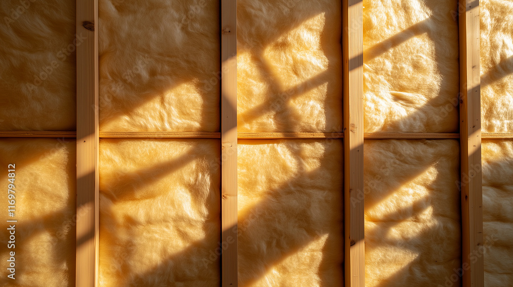 Poster mineral wool insulation panels arranged seamlessly in the building frame, with sunlight casting shad