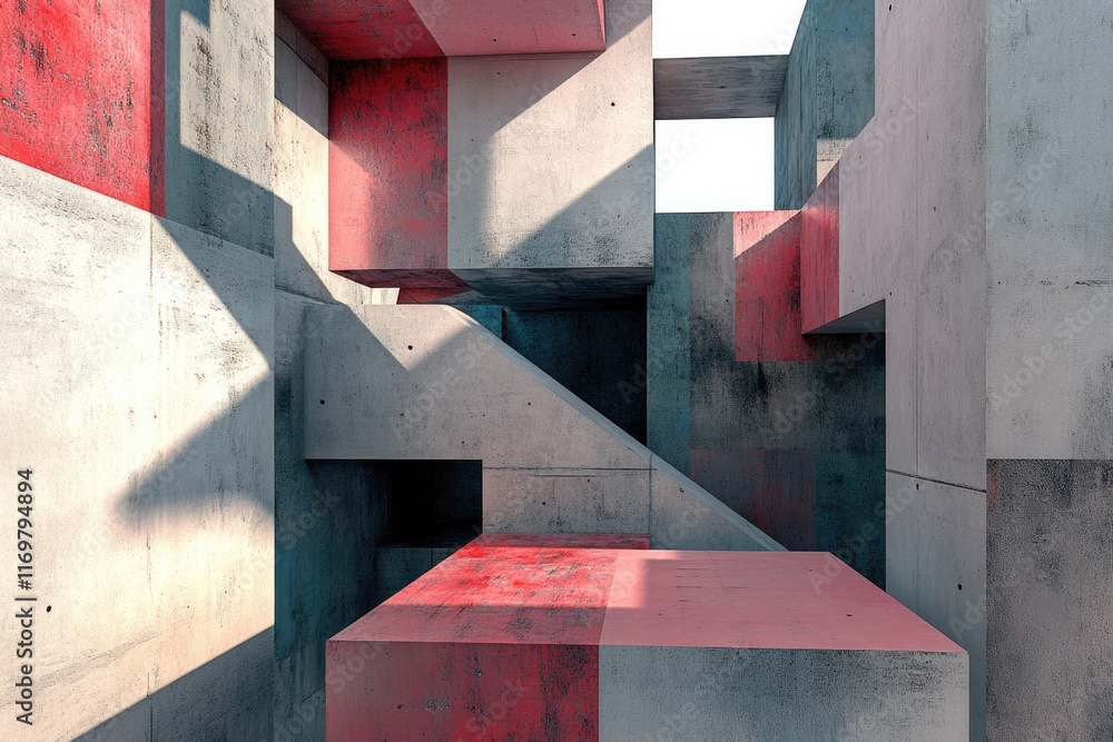 Poster abstract concrete architecture with red accents, showcasing geometric shapes and interplay of light 