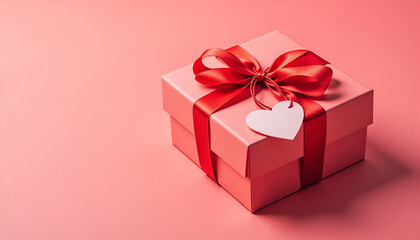 Fototapeta premium Pink Gift Box Red Ribbon Valentine's Day 