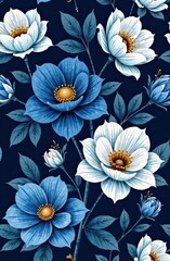 Floral pattern featuring blue and white flowers on a dark background with delicate leaves