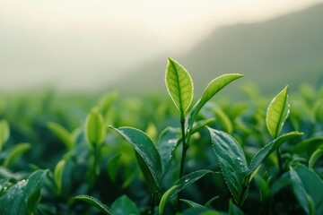 Fototapeta premium Photo of green tea plantation in the mountains, sunrise light, foggy weather, close up.