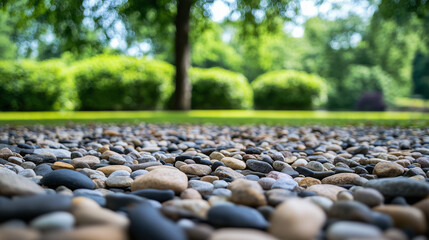 Piles of river stones and gravel in a landscaped outdoor space, symbolizing versatility in home decoration.