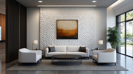 Decorative wall panels with intricate 3D patterns showcased in a modern living room setup.