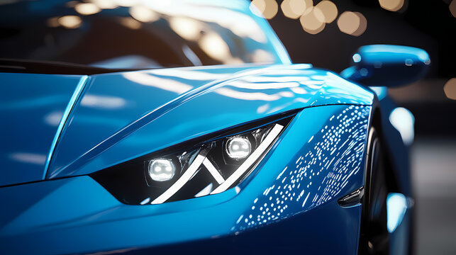 Close-up 3d render of a blue sports car headlight, gleaming with a bright, reflective surface and sparkling effects. Shadowlight. Illustration