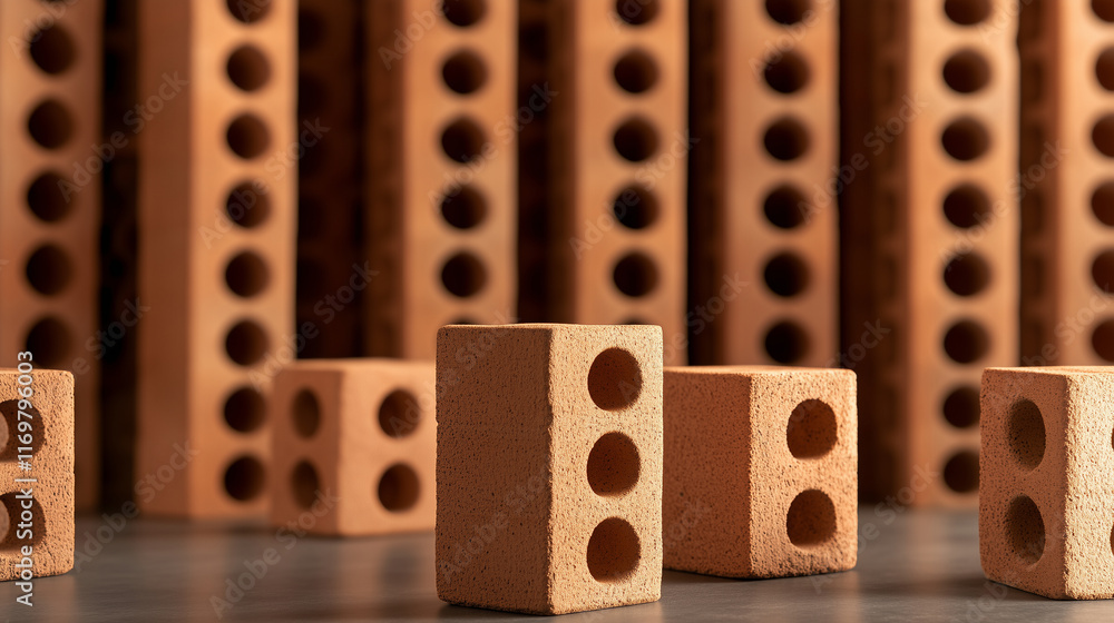 Poster architectural bricks with unique patterns displayed on a minimalist background, symbolizing innovati