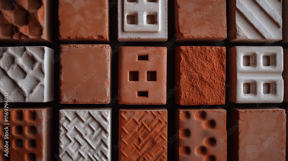 Poster architectural bricks with unique patterns displayed on a minimalist background, symbolizing innovati