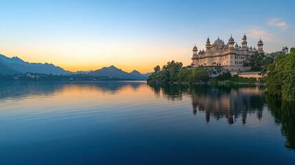 Photo of Prince Ch gradient blue sky with the reflection on water surface at sunset, distant view set in front and right side is rugged majestic grand building that looks like an mosque located near