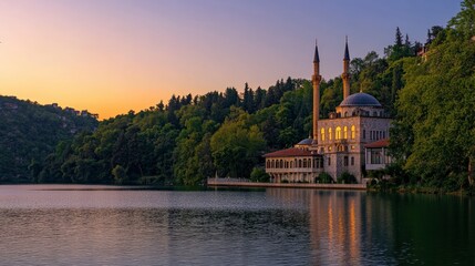 Fototapeta premium Photo of Prince Ch gradient blue sky with the reflection on water surface at sunset, distant view set in front and right side is rugged majestic grand building that looks like an mosque located near