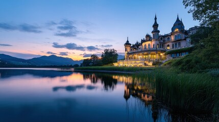Fototapeta premium Photo of Prince Ch gradient blue sky with the reflection on water surface at sunset, distant view set in front and right side is rugged majestic grand building that looks like an mosque located near