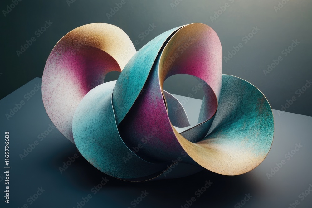 Poster abstract art sculpture with interwoven, multicolored, textured forms creating a visually captivating
