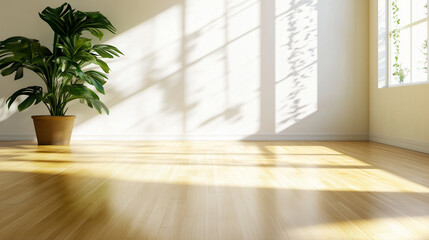 Eco-friendly bamboo flooring panels displayed in a sunny, green-themed room.