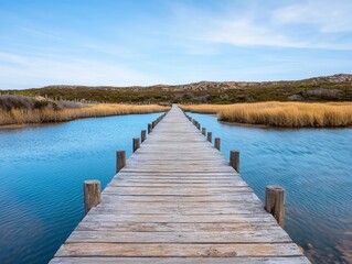 Fototapeta premium Serene Wooden Pathway Leading Through Tranquil Waters and Nature