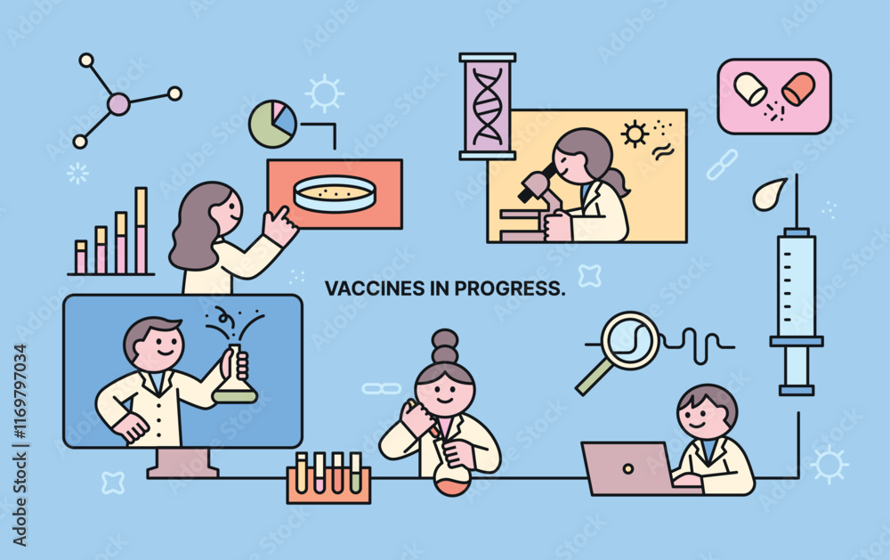 Poster researchers are developing a vaccine. concept illustration of an organized structure. cuttiny charac