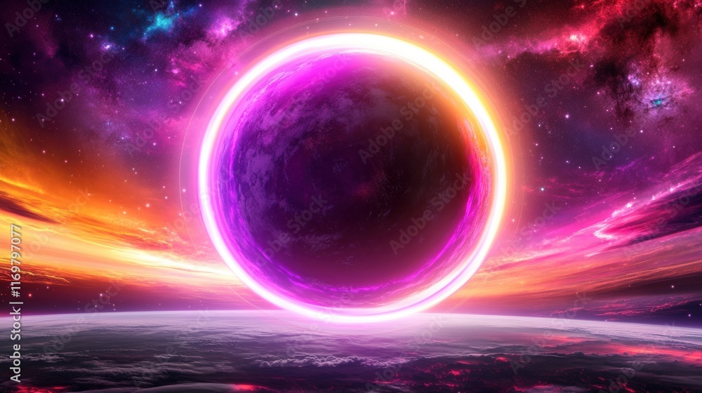 Poster a bright neon circle glows amid a cosmic background filled with swirling colors, creating a mesmeriz