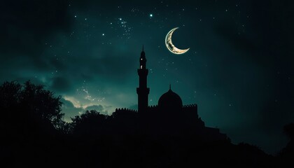 Silhouette of a mosque and crescent moon against a night sky background, a Ramadan Kareem concept banner illustration for Eid Mubarak or Ramadan celebration on a flat color background. Vector design