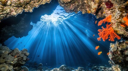 Naklejka premium Sunlight Filtering Through Coral Reef Underwater Scene
