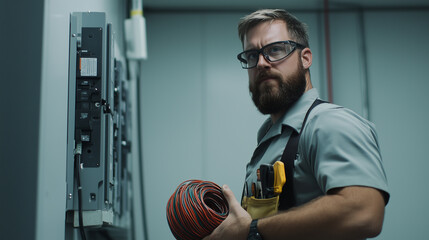 An electrician in a tool belt, holding a coil of wires, standing next to an electrical panel in a clean workspace.