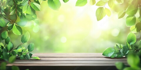 Spring background with blurred greenery and sun rays, wooden tabletop for product display or montage of your products, close-up. Spring template with copy space area. Sunlight filtering through leaves