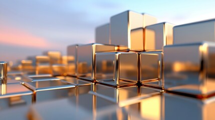 Fototapeta premium A vibrant arrangement of gold cubes displays intricate reflections as they catch the warm glow of sunset, creating a mesmerizing visual effect