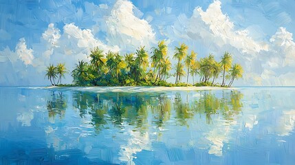 Idyllic Tropical Island Seascape A Vibrant Oil Painting of a Palm-Fringed Island Reflecting in Calm Waters.
