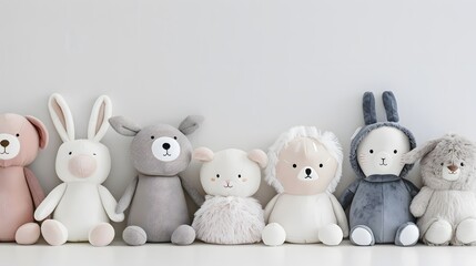 Row of plush toys neatly arranged against a white background, emphasizing cute and cozy elements