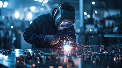 A skilled craftsman lifting his welding mask, surrounded by polished metal parts and an active assembly line.