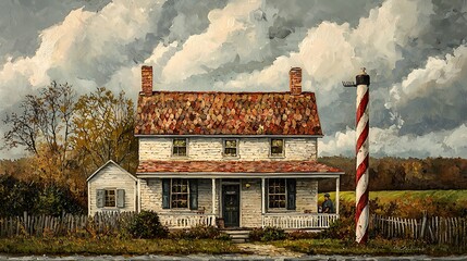 A picturesque oil painting of a quaint, whitewashed farmhouse with a red and white candy cane-striped post, set against a backdrop of autumnal foliage and a dramatic cloudy sky.