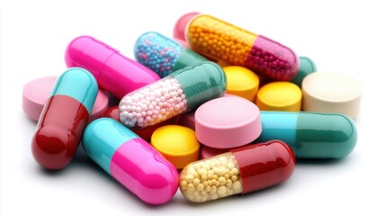 Colorful pills in various shapes and sizes are scattered on a clean white background, highlighting their vivid colors and textures