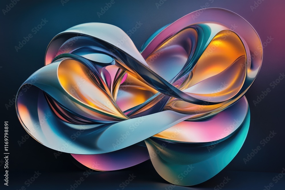 Poster abstract iridescent sculpture, swirling metallic forms intertwine in a captivating, dynamic composit