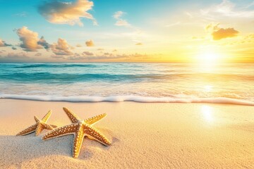 Fototapeta na wymiar Starfish on the beach at sunrise with copy space. Colorful beach background with two starfish in the sand and water reflection at sunset. Ocean landscape with beautiful sea stars. Wide-angle view.