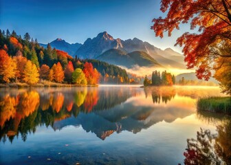 Obraz premium Bavarian Alps sunrise paints Huntersey Lake in breathtaking autumn hues.
