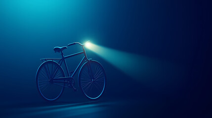 Obraz premium A minimalist photo of a bicycle with a bright headlight, casting a beam in a dark, blue-toned background, emphasizing solitude and adventure. Shadowlight. Illustration
