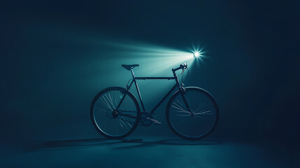 Fototapeta premium A minimalist photo of a bicycle with a bright headlight, casting a beam in a dark, blue-toned background, emphasizing solitude and adventure. Shadowlight. Illustration