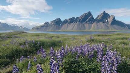 Stokksnes and vestrahorn mountain in Iceland with lake, blue sky, sunny day, beautiful landscape with colorful purple Lupine flowers on the ground, panorama view, high resolution photography