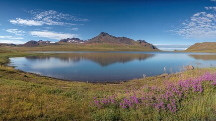 Stokksnes, Iceland landscape with beautiful nature scenery of vestron mountain range in summer with colorful blue sky and reflecting water lake surrounded. Beautiful natural landscape panorama 