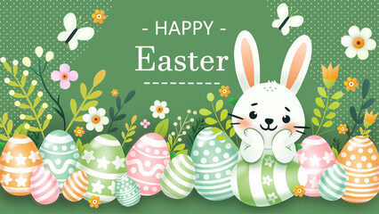 Happy Easter banner. Eggs and bunny in pastel colors. Modern minimal style. Horizontal poster, greeting card, header for website  © Mariana