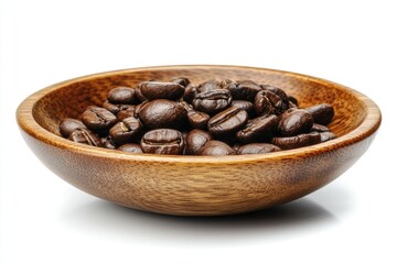 Obraz premium A wooden bowl filled with dark roasted coffee beans, ready for brewing.