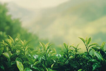 Obraz premium Tea plantation in the mountains, blurred background of foggy hills at sunrise. Green tea leaves on foreground. High quality photo. Textured background. Image for advertising natural organic food 